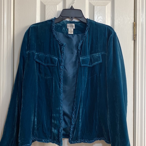Chicos Velvet Dark Teal Open Front Jacket w/ Matching Scarf Size 2(L/12) - Picture 2 of 11